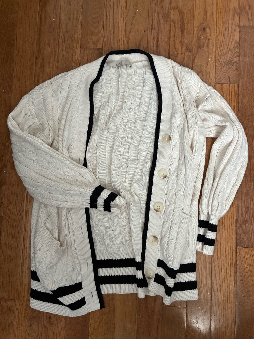 LOFT Cream Cable-Knit Cardigan with Black Trim